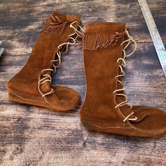 Minnetonka brown suede front leather lace up moccasin flat boots size 8 - Picture 4 of 16